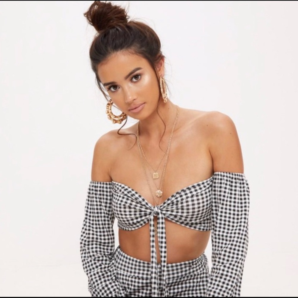 PLT Gingham Bardot Tie Front Crop top